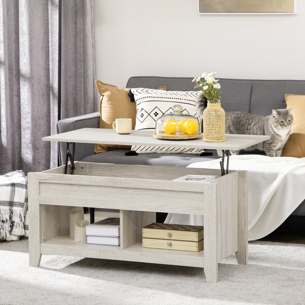 Table basse plateau relevable, table de salon avec étagères et compartiment caché,105 x 50 x 49-62,5 cm pour salon, chambre, aspect chêne clair-9