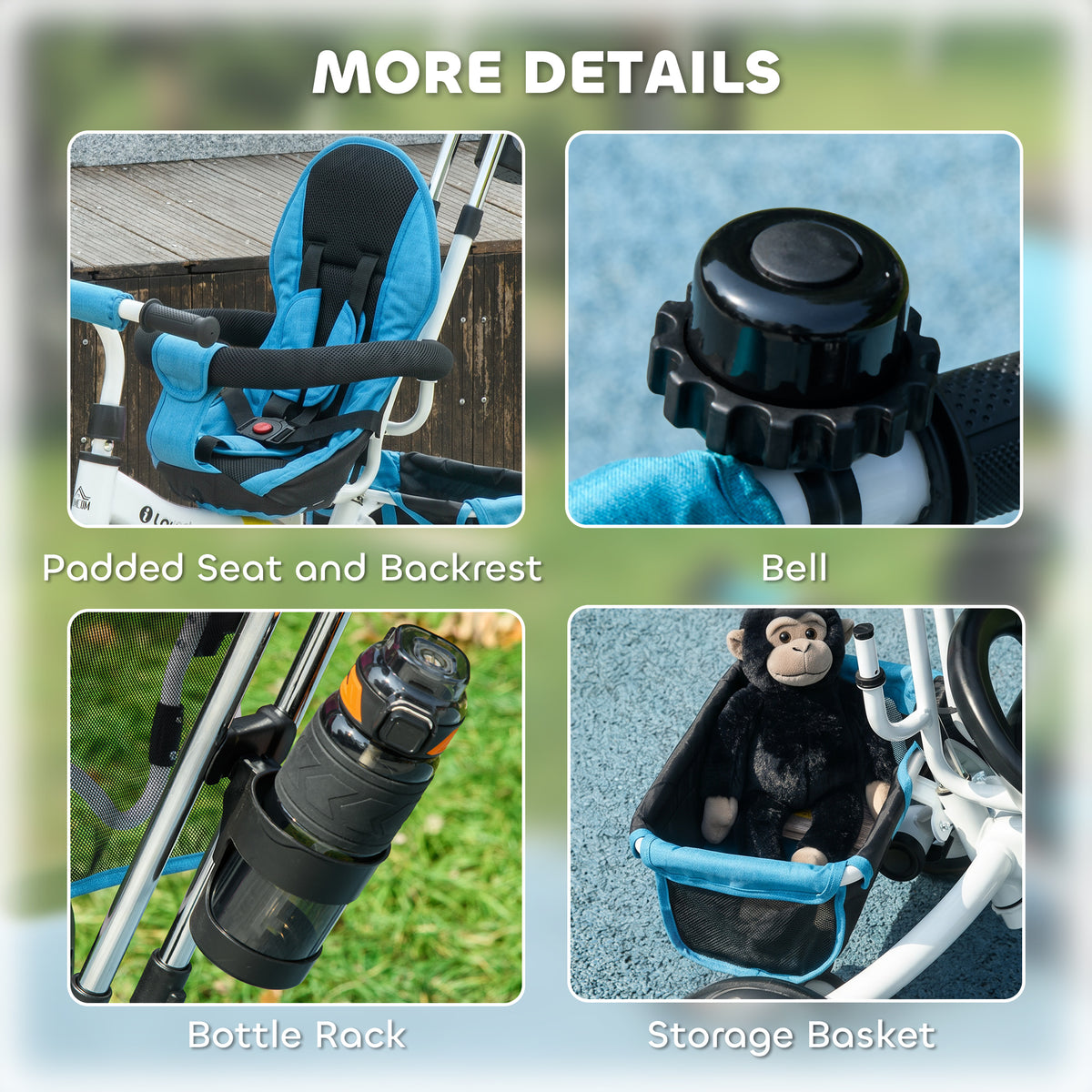 Tricycle 6 en 1 pour enfants, auvent, ceinture de sécurité 5 points, rangement, repose-pieds, frein, 1-5 ans, bleu-8