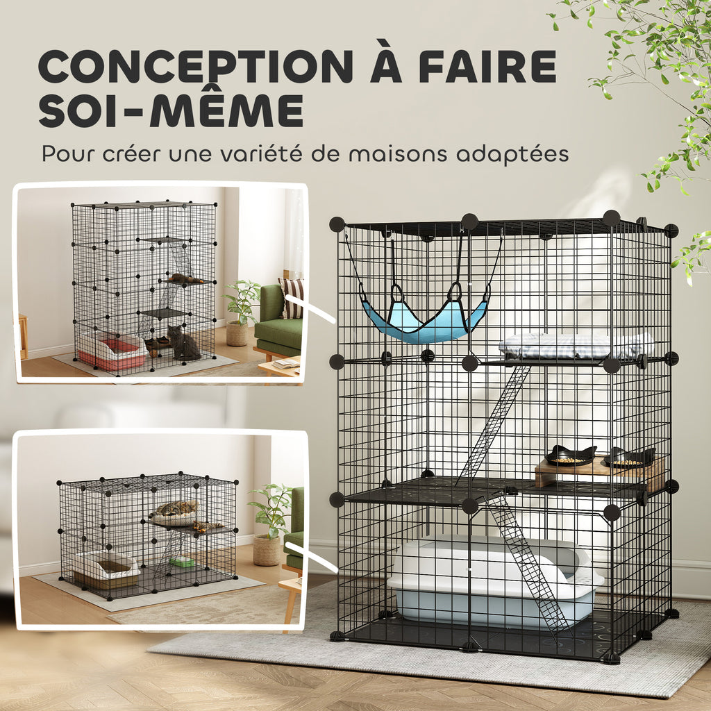 Cage Chat Intérieur Enclos Chat Modulable 3 Portes Hamac Échelle pour Petits Animaux de Compagnie 70x70x105cm Noir-3