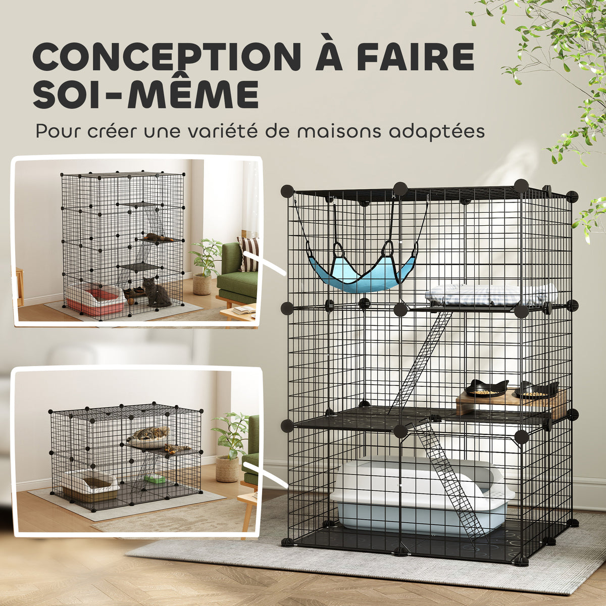 Cage Chat Intérieur Enclos Chat Modulable 3 Portes Hamac Échelle pour Petits Animaux de Compagnie 70x70x105cm Noir-3