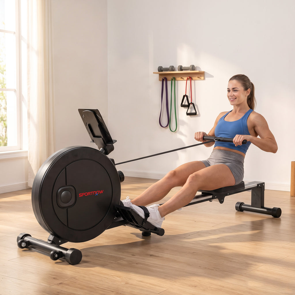 Rameur Musculation d'Appartement Pliable 16 Niveaux, App, Écran LCD, Support de Tablette, 180x50x75cm, Noir-9
