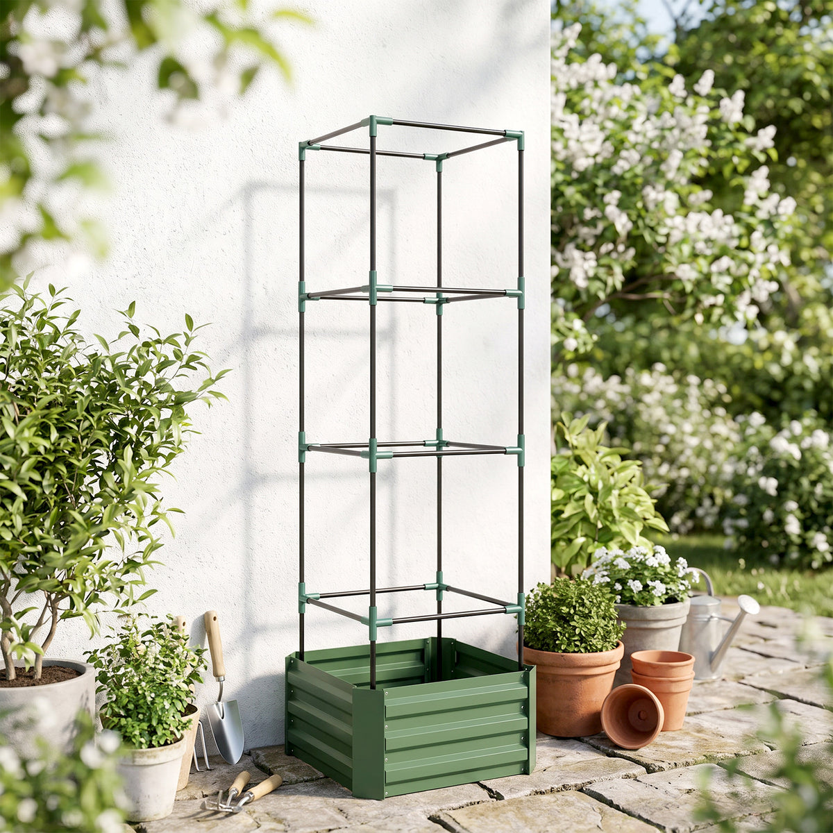 Jardinière avec treillis ajustable, bac à fleurs avec cage à tomates acier galvanisé 61 x 61 x 187 cm vert-1