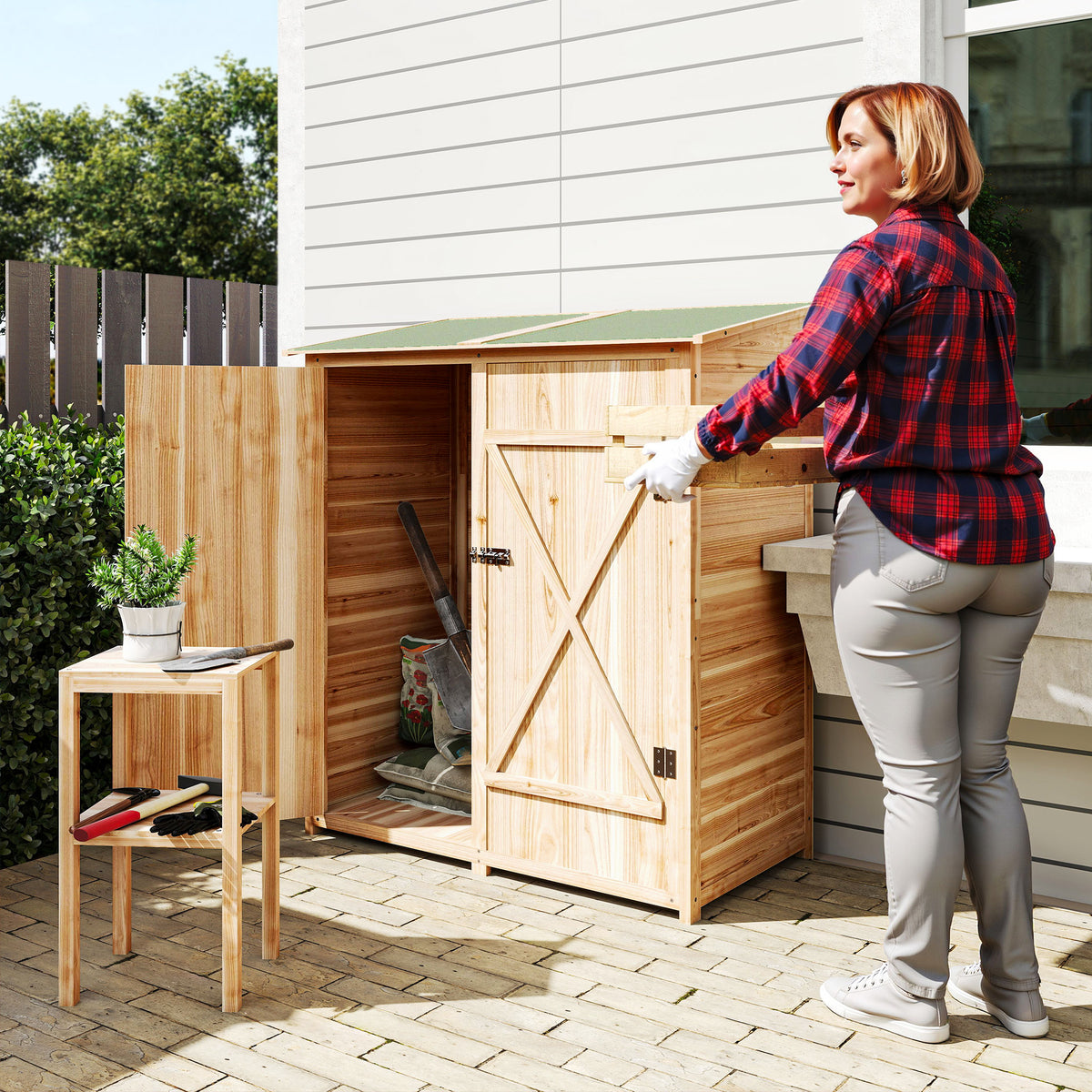 Abri de jardin en bois armoire de jardin en bois avec table, toit en asphalte, 140 x 75 x 157 cm, effet bois naturel-7