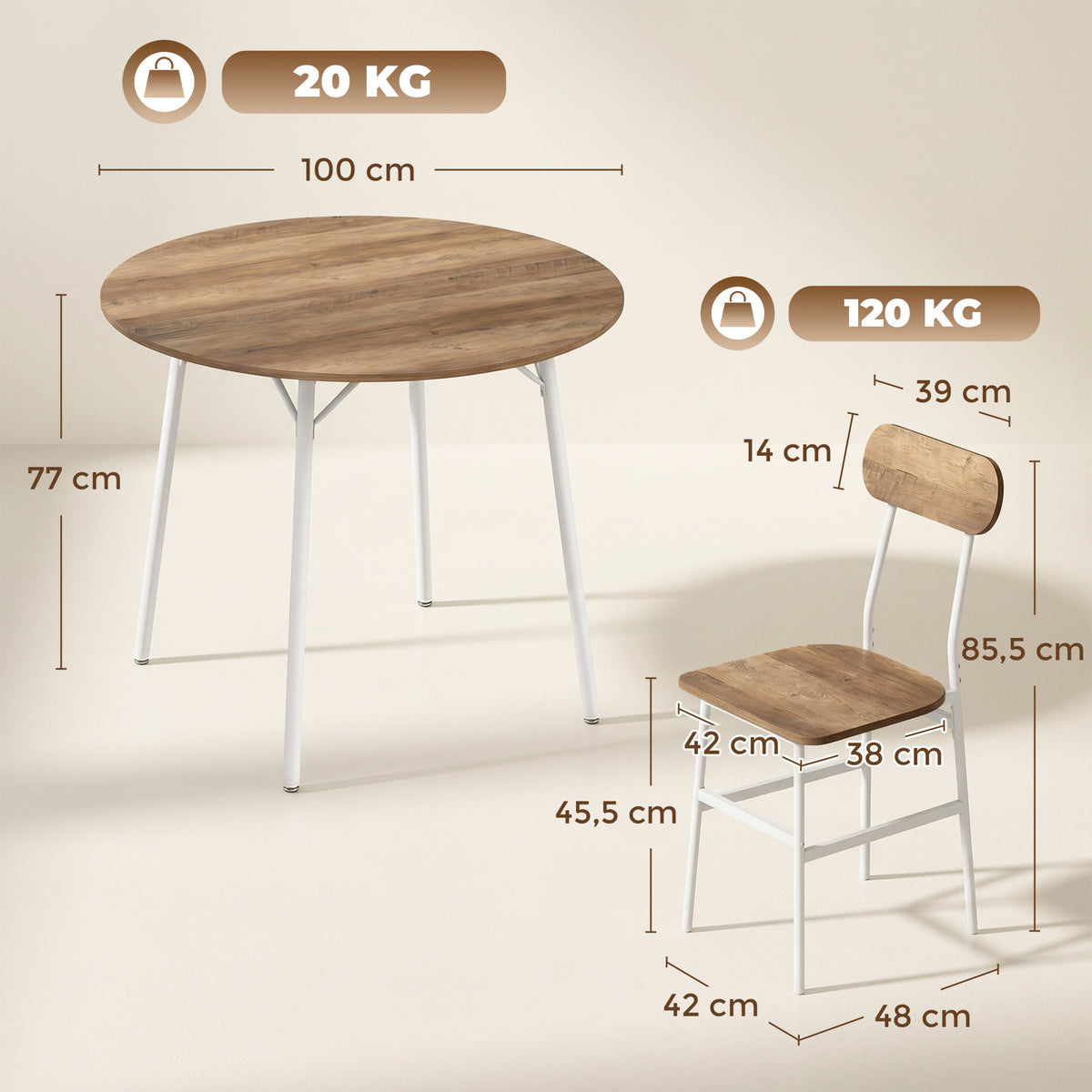 Ensemble table salle à manger avec 4 chaises, table de cuisine avec chaises pour 4 personnes, cadre en métal, naturel-2