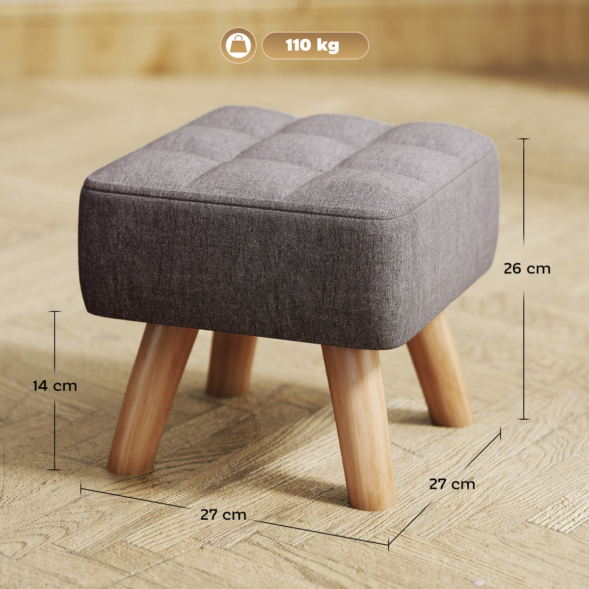 Repose pied salon ottoman siège rembourré en tissu avec pieds en bois 27 x 27 x 26 cm gris-2