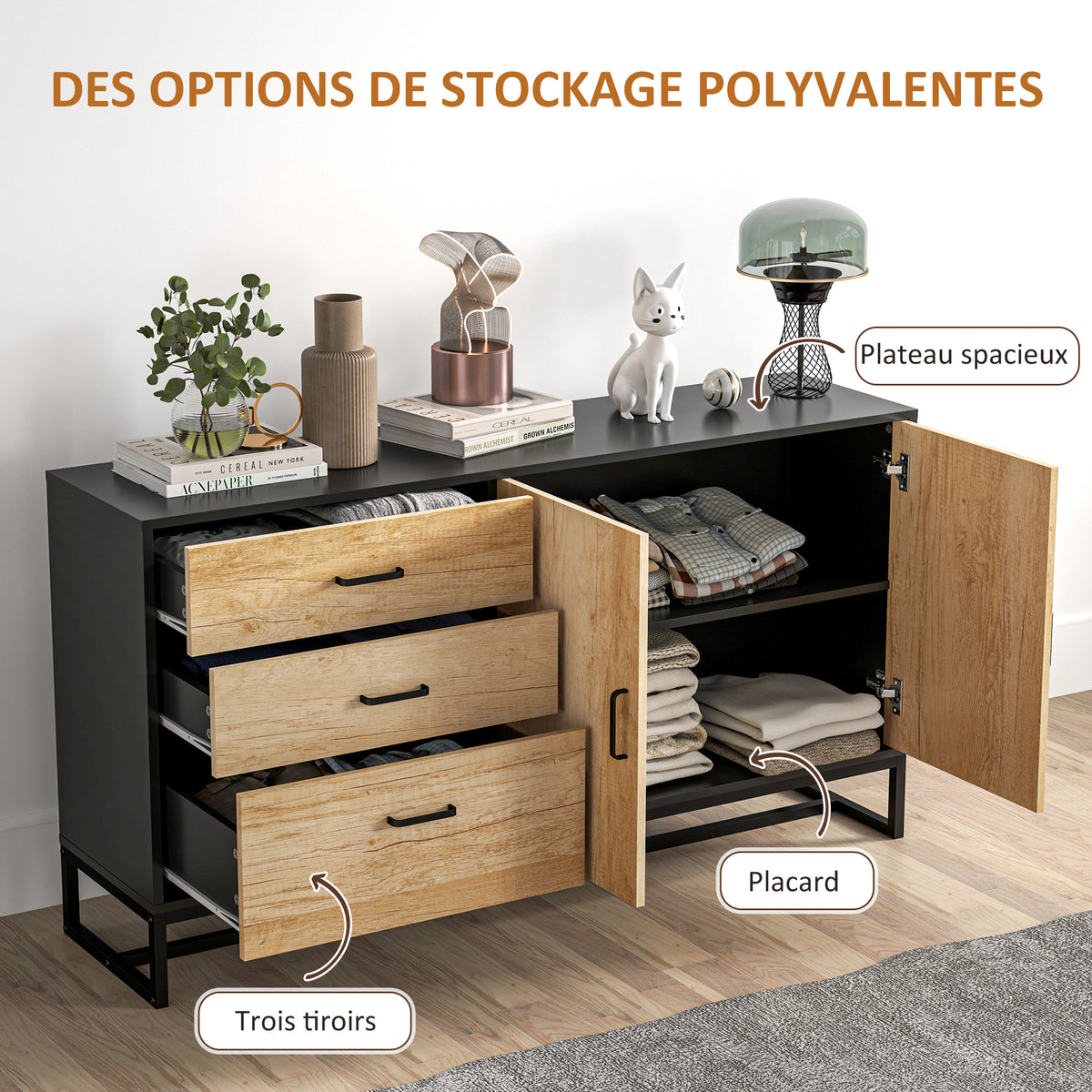Buffet salon meuble de rangement avec 3 tiroirs et étagère réglable, pieds en acier, poignées en alliage d'aluminium-3