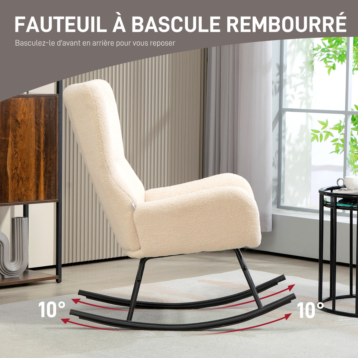 Fauteuil à bascule, chaise à bascule, avec assise de 10 cm d'épaisseur, pieds incurvés en acier, beige et noir-3
