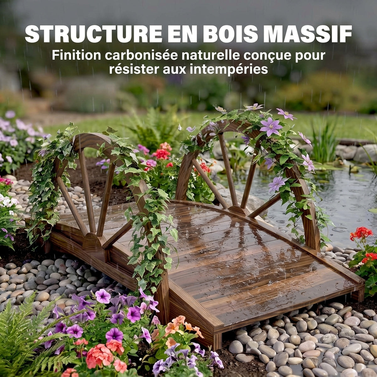 Pont de jardin en bois, avec balustrade à demi-roues charge max. 150 KG, 100 x 50 x 37 cm, marron-4
