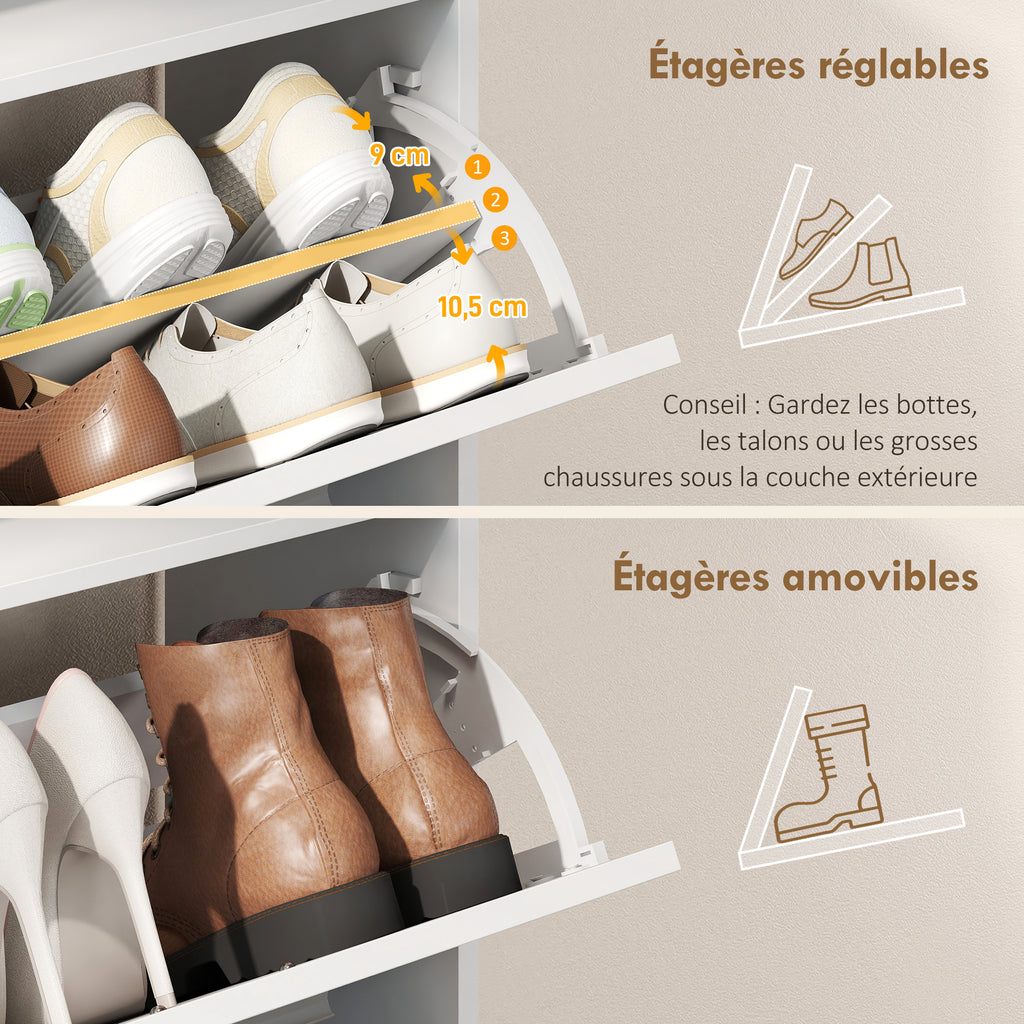 Meuble à chaussures 8 paires, armoire à chaussures, 2 tiroirs rabattables, étagères réglables et compartiment, blanc-5