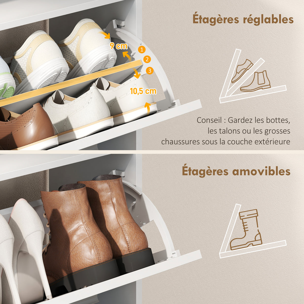 Meuble à chaussures 8 paires, armoire à chaussures, 2 tiroirs rabattables, étagères réglables et compartiment, blanc-5