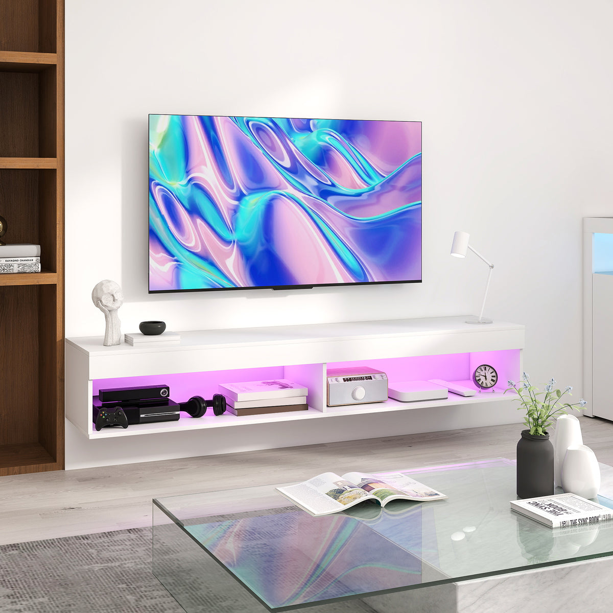 Meuble TV suspendu mural avec éclairage LED pour téléviseurs jusqu'à 75 pouces, étagères, 180L x 40l x 30H cm, blanc-1