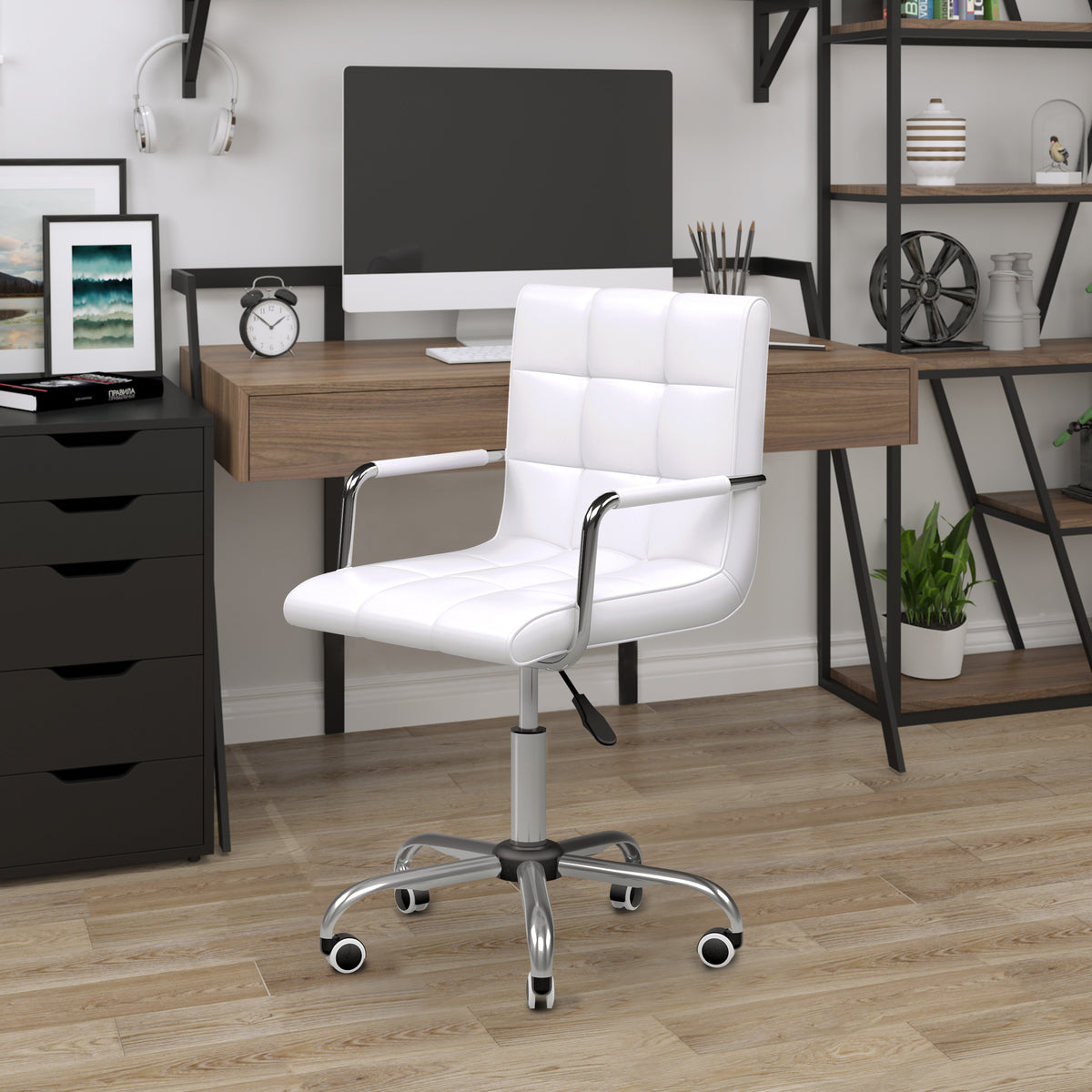 Chaise de bureau fauteuil manager pivotant hauteur réglable revêtement synthétique capitonné blanc-1