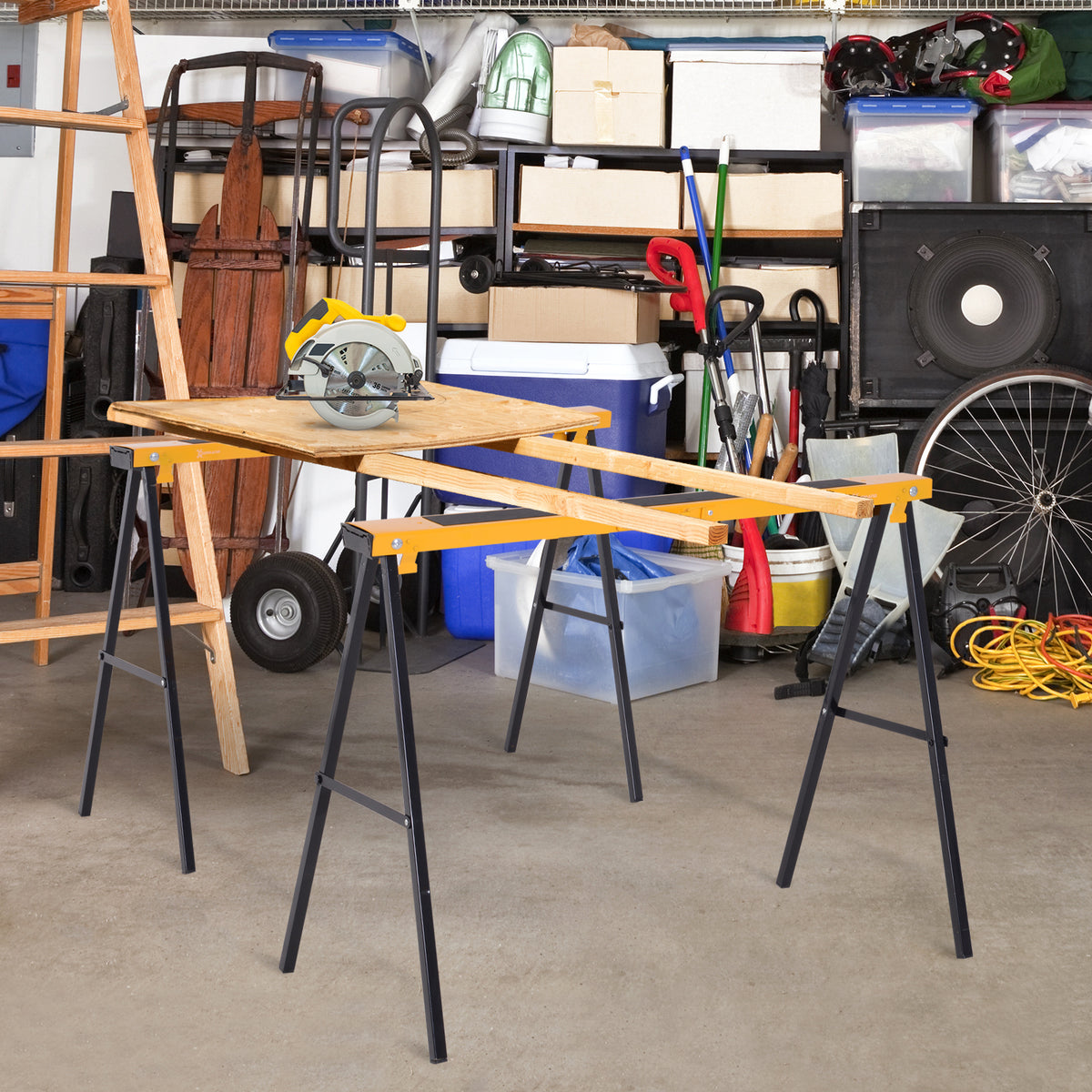 Lot de 2 tréteaux pliables compactes poignée transport dim. 100L x 50l x 76H cm surface antidérapante métal noir jaune-3
