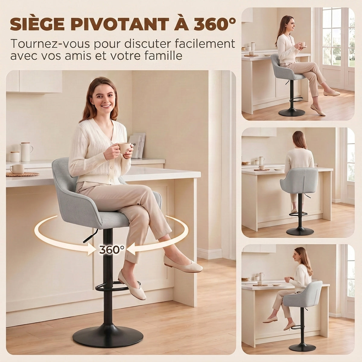 Tabourets de Bar Lot de 2, Chaises de Bar en Chenille, Hauteur Réglable, Pivotant 360°, Dossier et Repose-Pieds, Gris-5