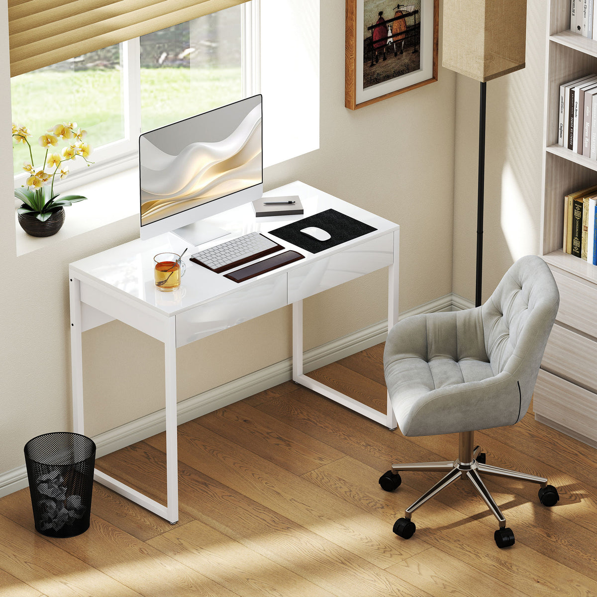 Bureau avec 2 tiroirs, table d'ordinateur 100 x 50 cm, bureau moderne pied en acier, pour petits espaces, blanc brillant-7