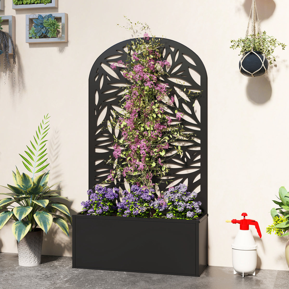 Jardinière avec treillis, bac à fleurs en métal, à fixer au mur ou au sol, 61x23x113cm, noir-9