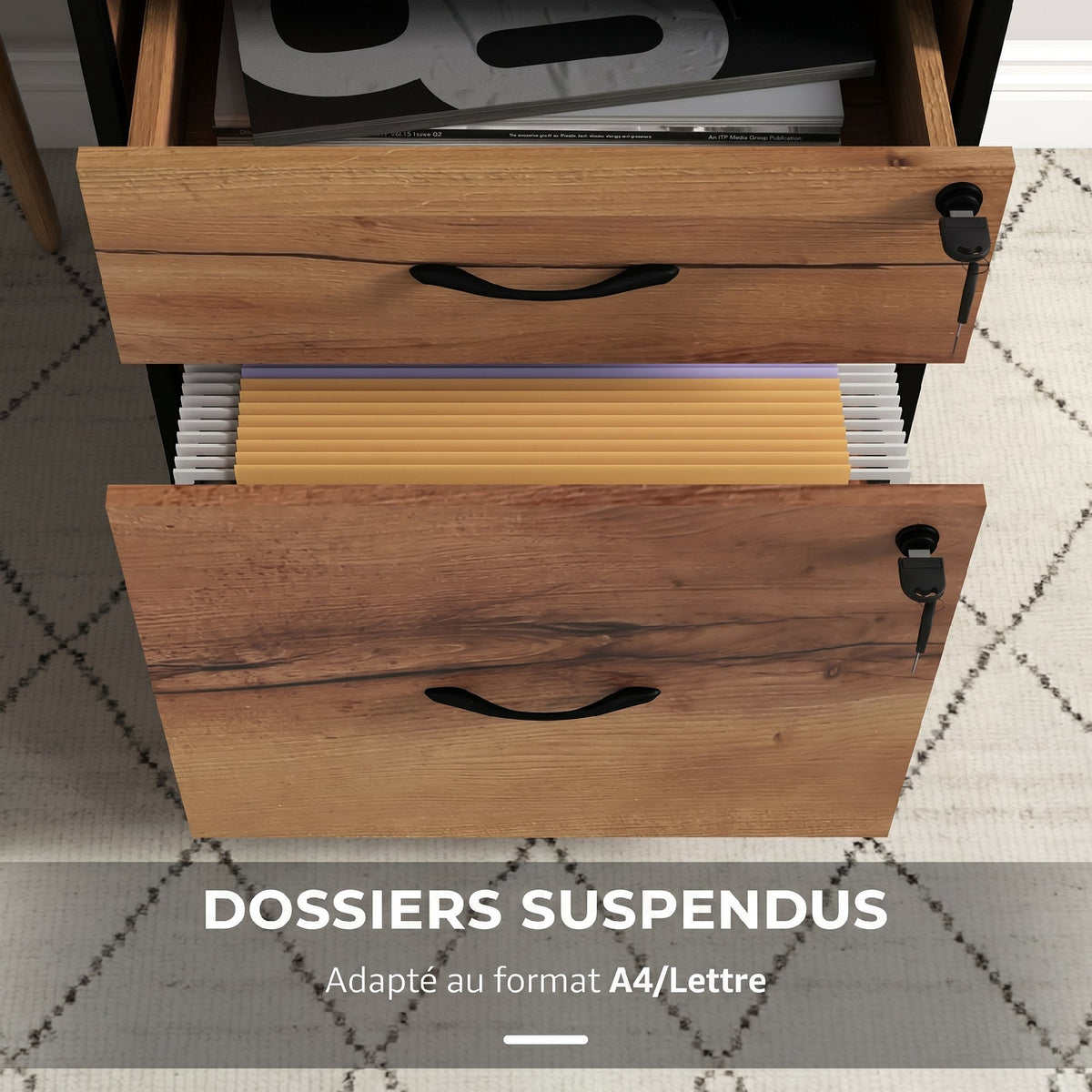 Caisson bureau mobile avec 2 tiroirs, meuble rangement bureau sur roulettes avec barres pour dossiers, marron-4