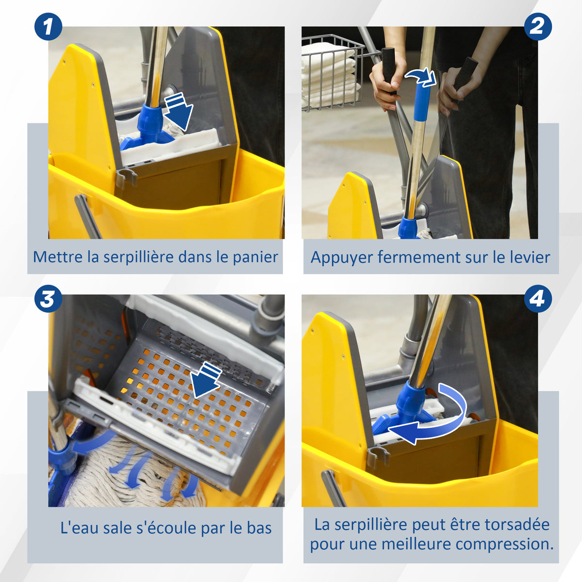 Chariot de lavage chariot de ménage professionnel presse à mâchoire seau 26 L + panier de rangements jaune-4