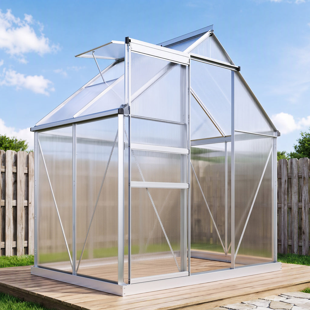 Serre de jardin en aluminium polycarbonate avec fondation, serre avec fenêtre réglable porte coulissante 192,5x131x200cm-1