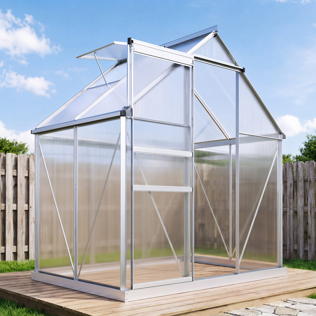 Serre de jardin en aluminium polycarbonate avec fondation, serre avec fenêtre réglable porte coulissante 192,5x131x200cm-1