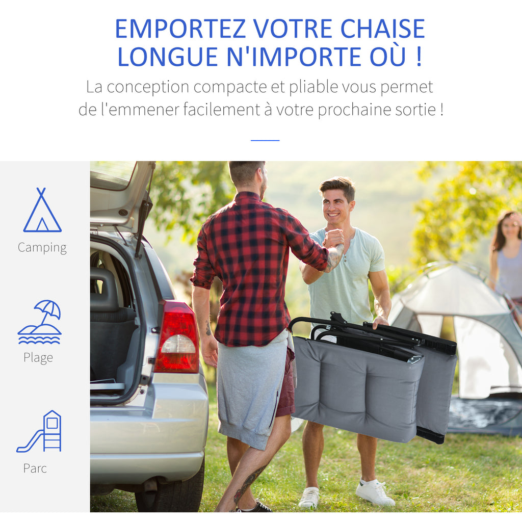 Bain de soleil pliable transat inclinable 6 positions avec matelas + accoudoirs acier polyester gris-5