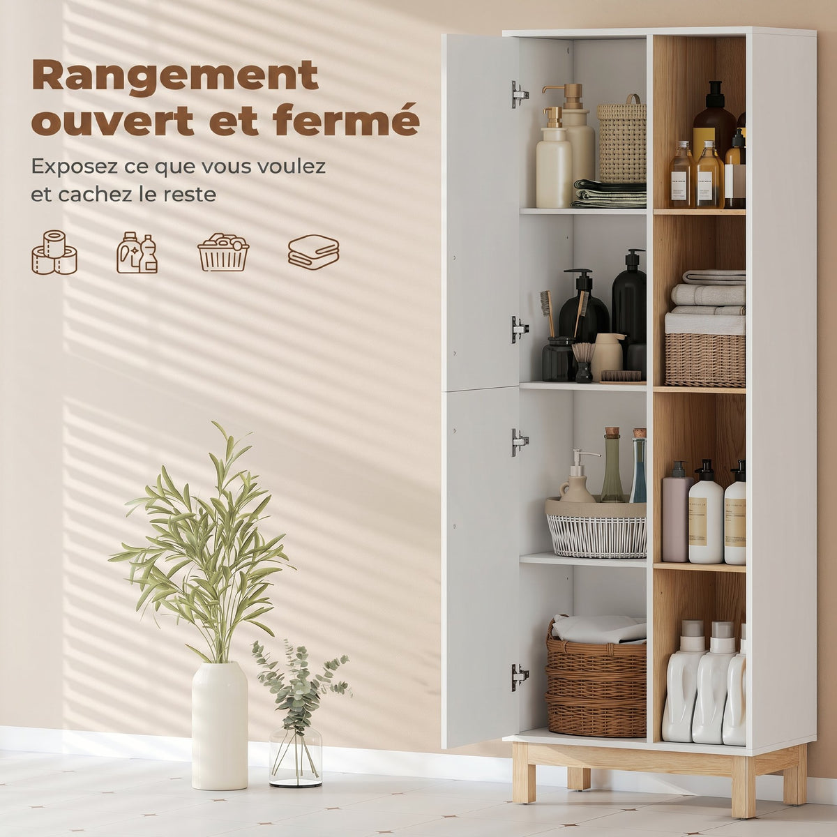 Meuble de Salle de Bain, Meuble de Rangement, 2 Portes, 4 Compartiments Ouverts et Étagères Réglables, Blanc et Naturel-3