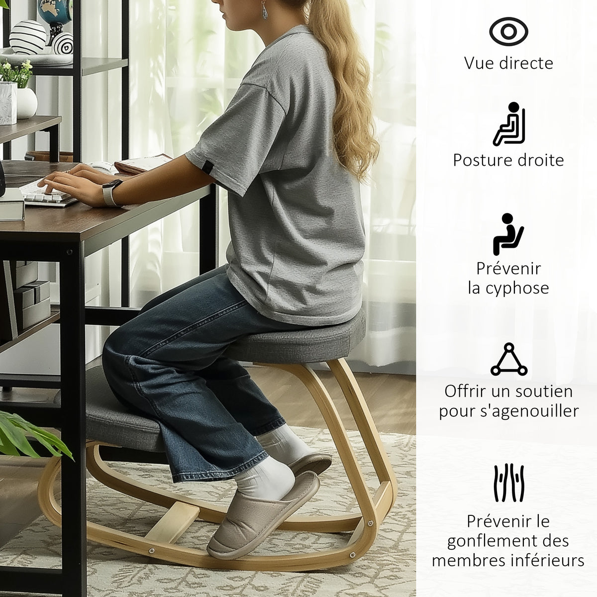 Siège assis genoux, siège ergonomique en bois à bascule, chaise à genoux pour bureau à domiciles, gris-4