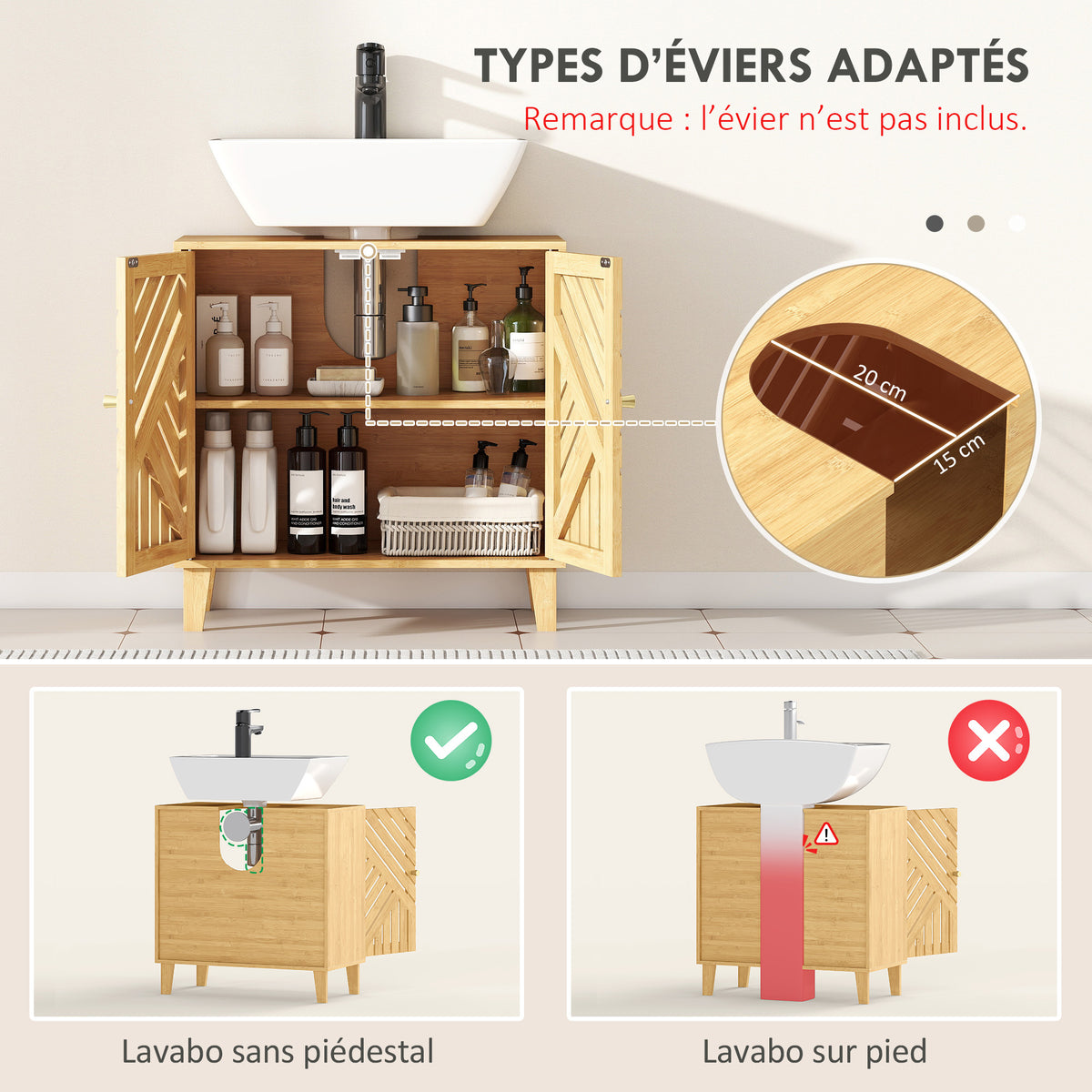 Meuble sous lavabo, meuble de salle de bain en bambou avec étagère réglable et portes à lattes 60 x 30 x 60 cm, naturel-3