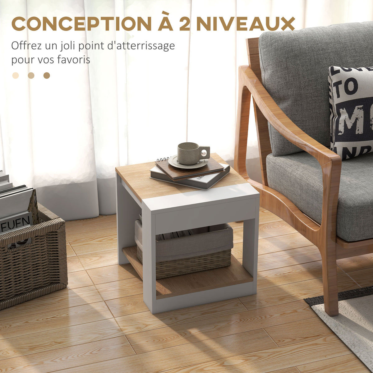 Lot de 2 tables d'appoint bout de canapé table de chevet 40 x 40 x 45 cm - blanc et naturel-4
