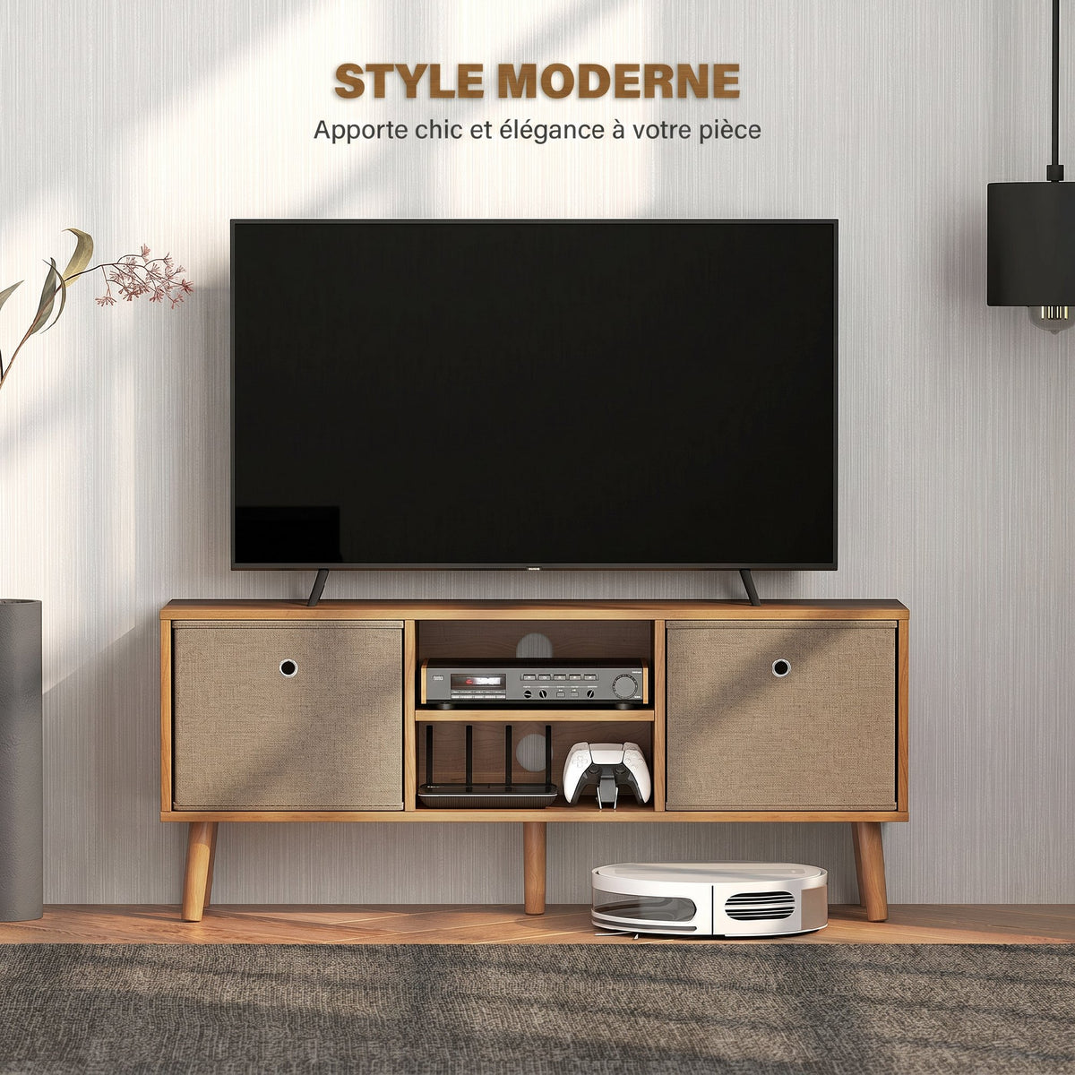 Meuble TV bas sur pieds style contemporain avec 2 tiroirs en tissu dim. 110L x 29l x 46,5H cm - passe-câbles - MDF-3