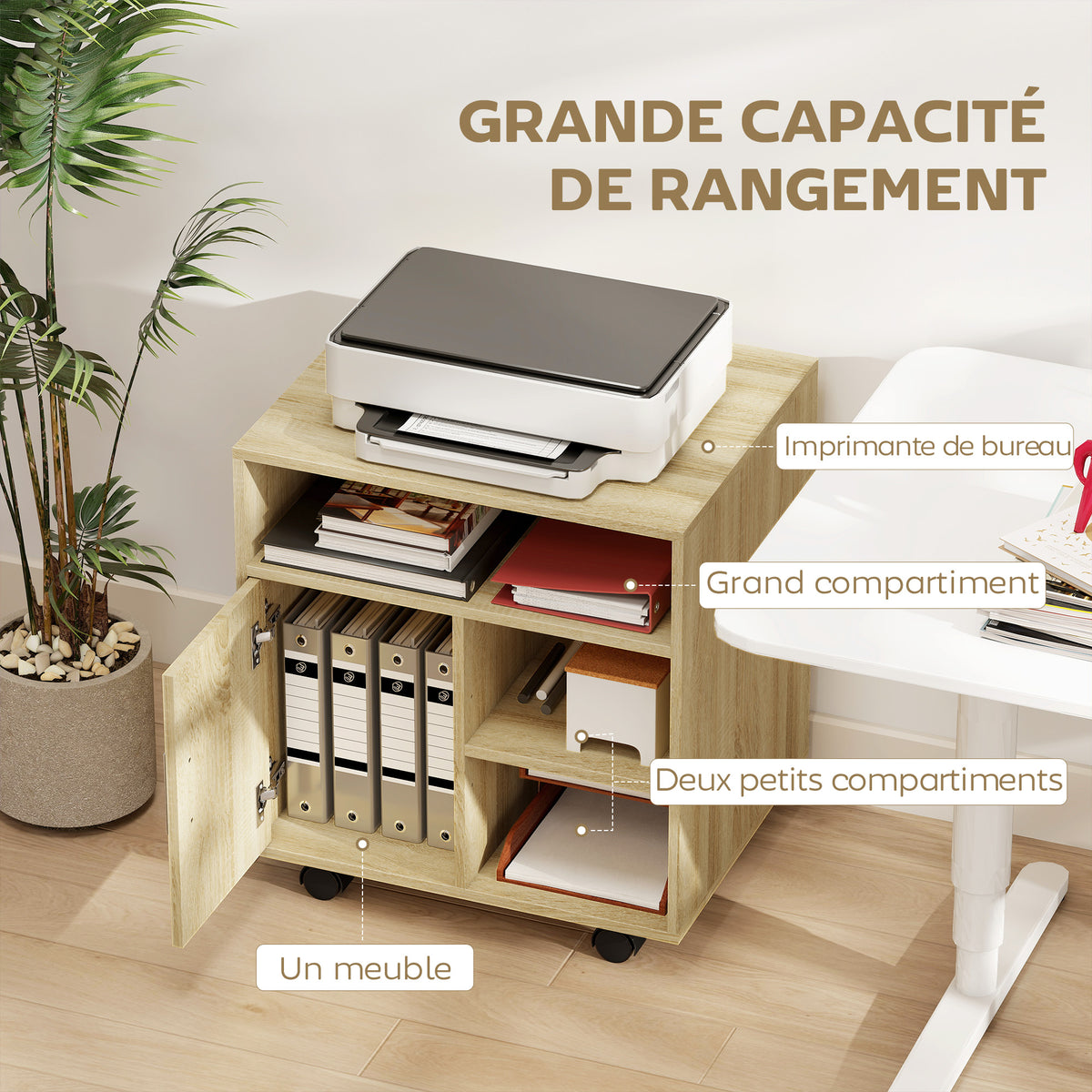 Support d'imprimante organiseur bureau caisson placard porte 3 niches + grand plateau panneaux particules bois naturel-3