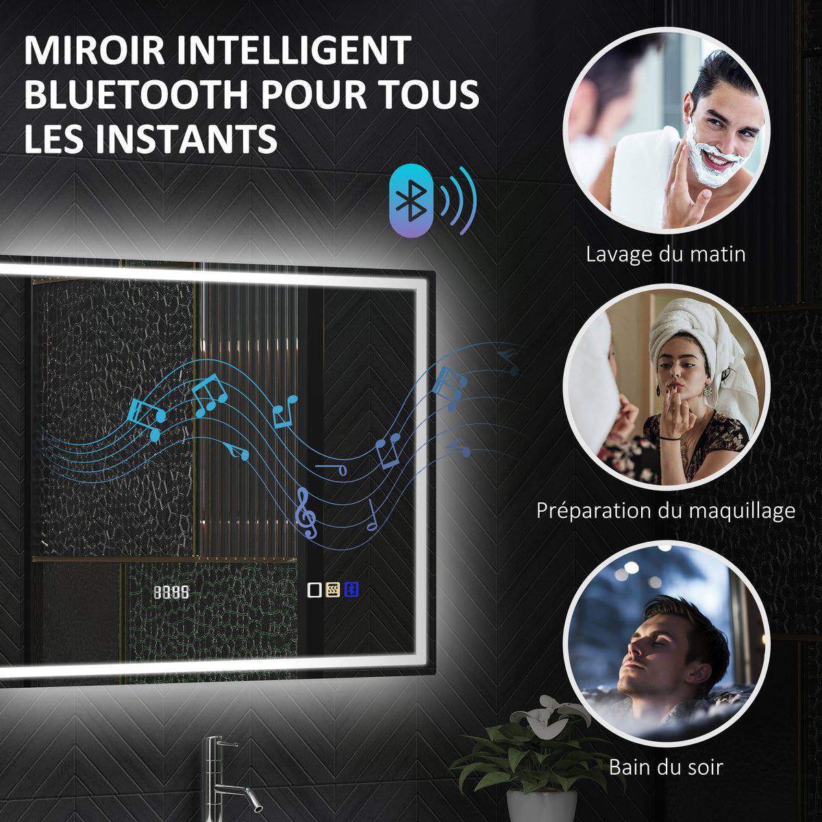 Miroir salle de bain LED bluetooth 60 x 80 cm interrupteur tactile lumière réglable 3 couleurs anti-buée mémoire argent-4