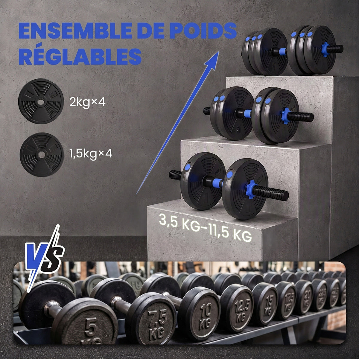 Kit haltères musculation haltères réglables 15 kg 3 en 1, ensemble de poids réglable avec barre d'extension noir-4