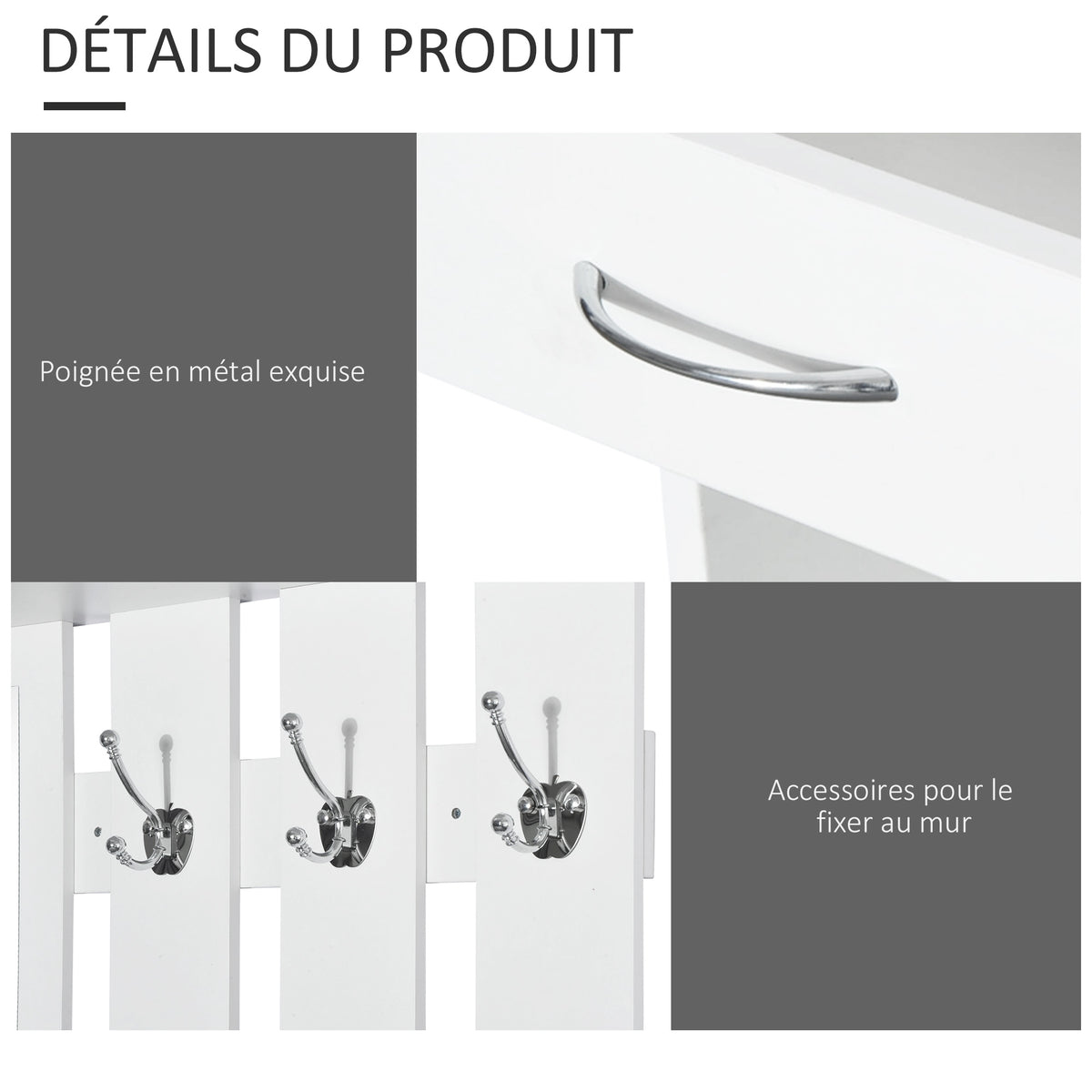 Ensembles 3 en 1 de meuble d'entrée vestiaire avec panneau porte-manteau, miroir et banc à chaussures - 6 crochets et étagère réglable, blanc-4