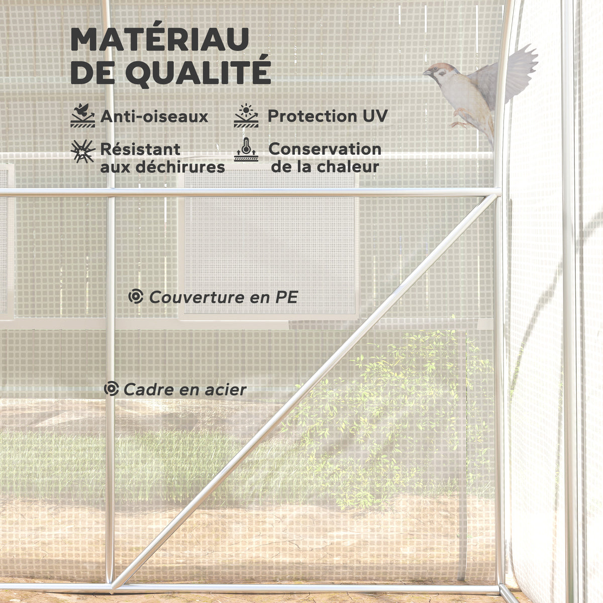 Serre de jardin tunnel serre tunnel 6 m² avec 6 fenêtres porte enroulable toile PE structure en acier galvanisé blanc-4