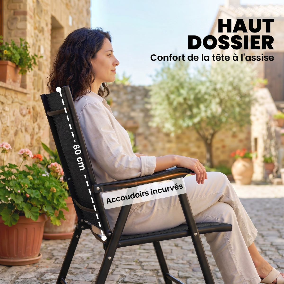 Lot de 4 Chaises de Jardin Pliantes Structure Acier Robuste sans Montage Dossier Haut Ergonomique 58x62x97cm Noir-3