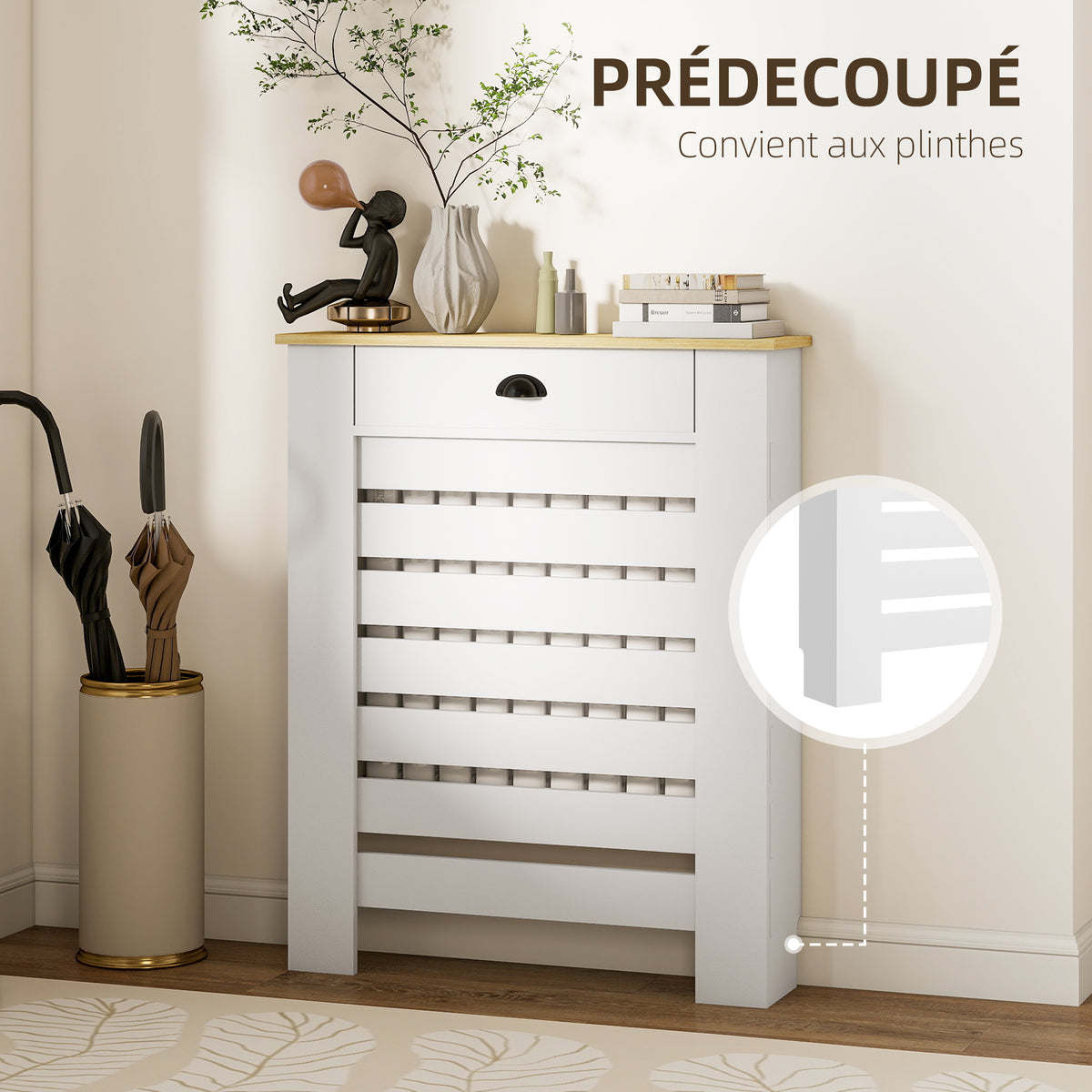 Couvercle de radiateur cache radiateur grille à lattes horizontales avec 2 tiroirs en bois 78l x 19P x 95,5H cm blanc-3