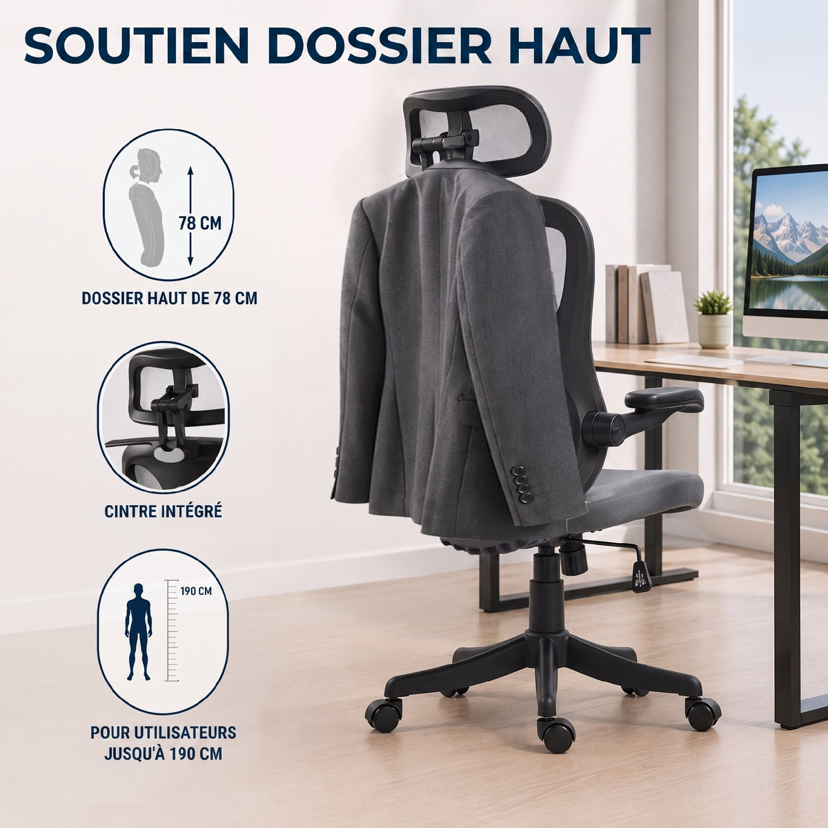 Chaise Bureau Ergonomique avec Accoudoirs 3D et Appui-Tête 2D, Fauteuil de Bureau en Maille, Support Dorsal, Gris-6