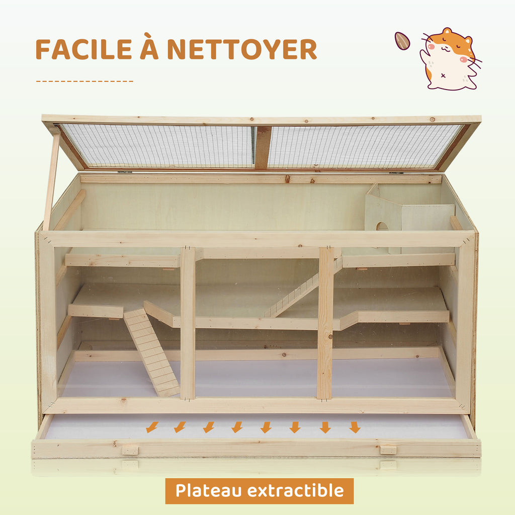 Cage à hamster cage gerbilles 2 niveaux toit ouvrable fenêtres cabane 2 échelle, 115 x 57 x 55 cm, effet bois naturel-6
