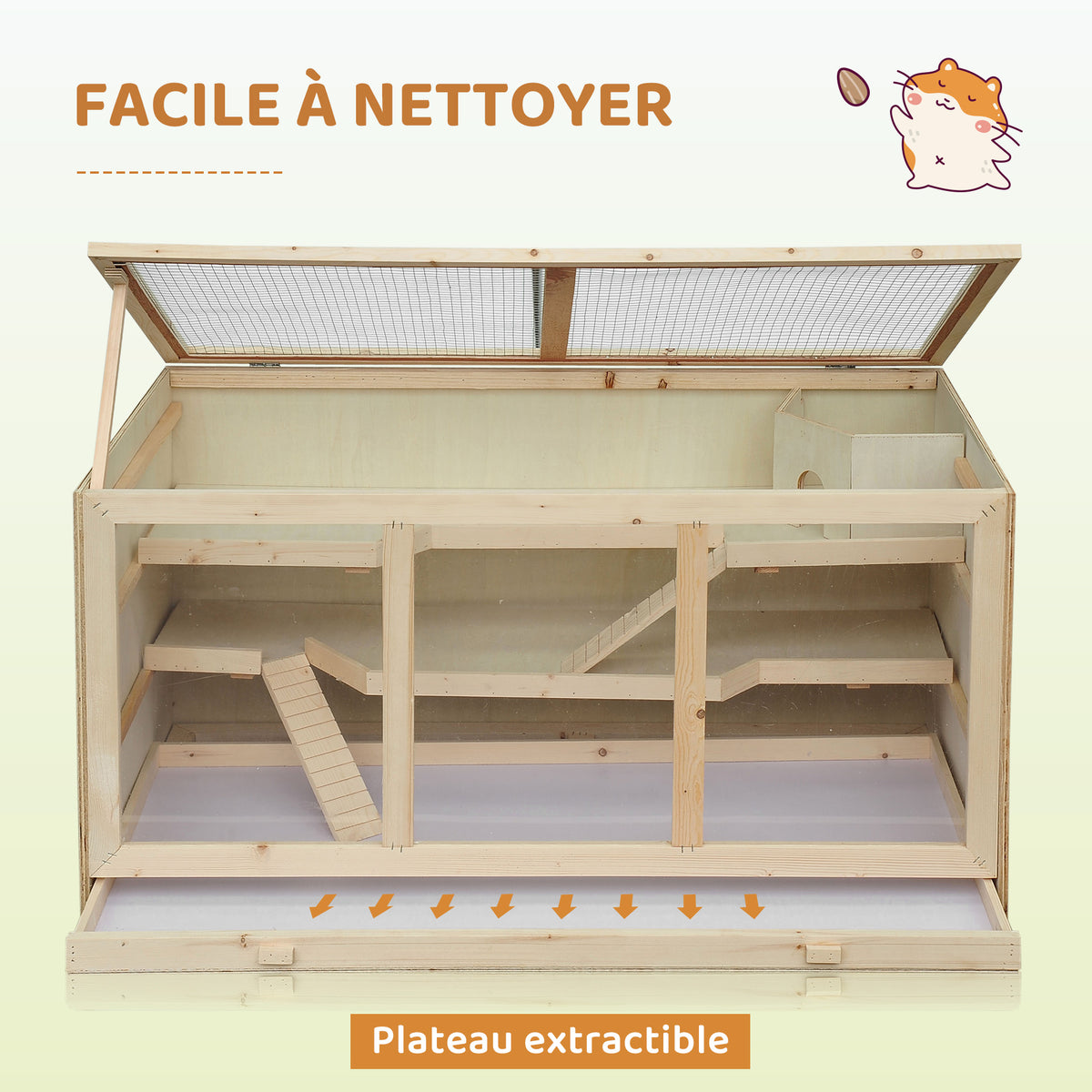Cage à hamster cage gerbilles 2 niveaux toit ouvrable fenêtres cabane 2 échelle, 115 x 57 x 55 cm, effet bois naturel-6