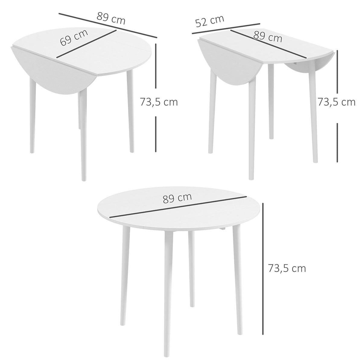 Table de salle à manger pliante 2 abattants, table ronde extensible pour 4 personnes, pieds en bois Ø 89 x 73,5 cm, blanc-2