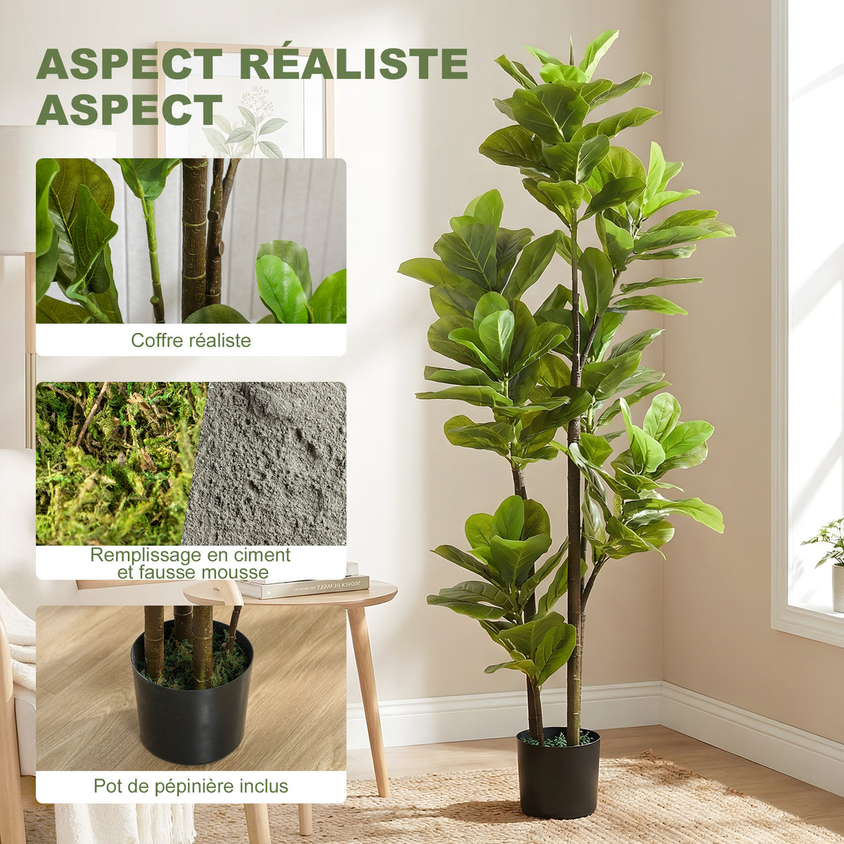 Lot de 2 plantes artificielles intérieures 150 cm, fausse plante à figuier lyre avec pot en ciment, vert-3