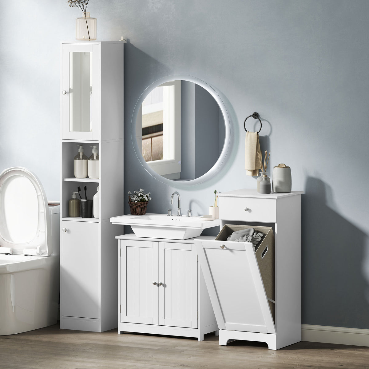 Meuble de salle de bain avec panier à linge, meuble de rangement avec tiroir - 40L x 38l x 90,5H cm - blanc-8