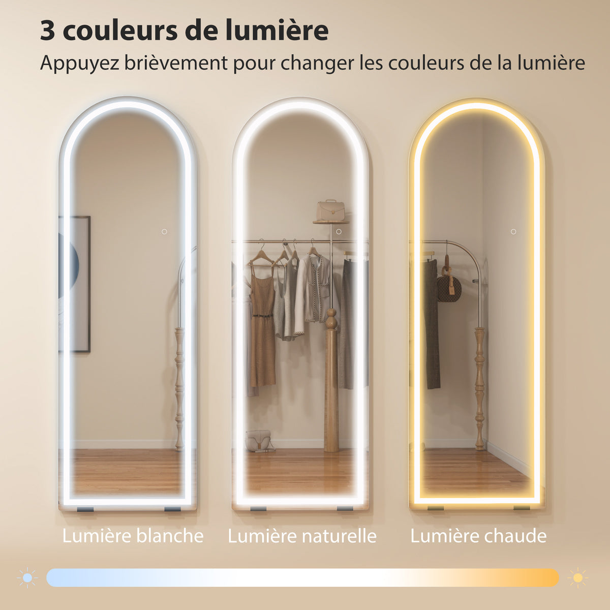 Miroir Pleine Longueur Arqué avec Lumières 150 x 50 cm, Couleur et Luminosité Réglables, Fonction Mémoire, Transparent-3