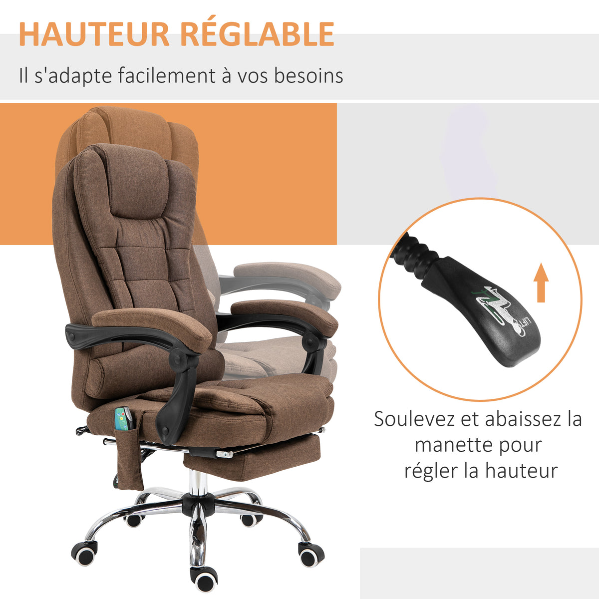 Fauteuil de bureau direction massant chauffant hauteur réglable dossier inclinable repose-pied + coussin lombaires-5