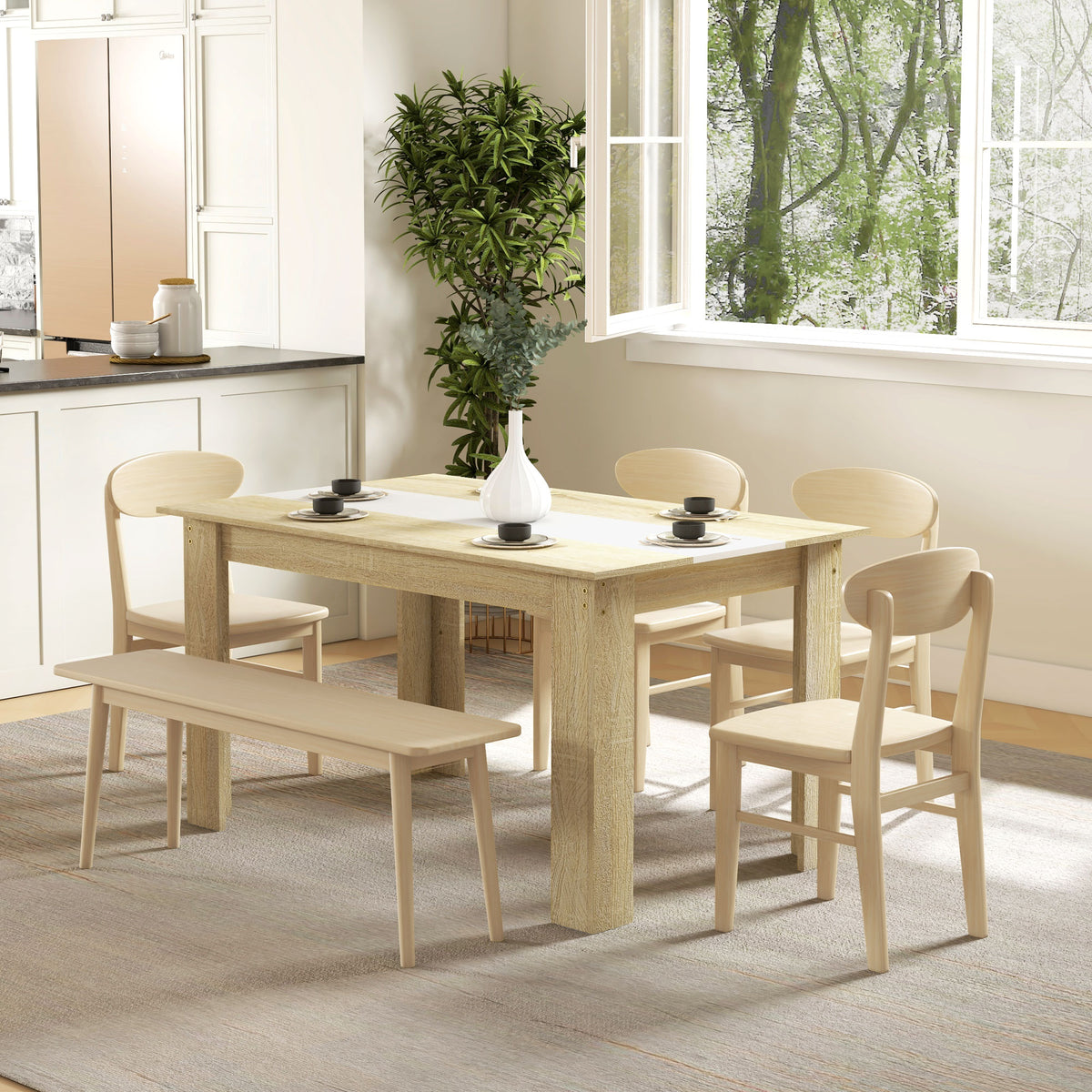 Table de salle à manger pour 6 personnes en bois aspect naturel et blanc, dim. 140L x 90l x 75H cm-1