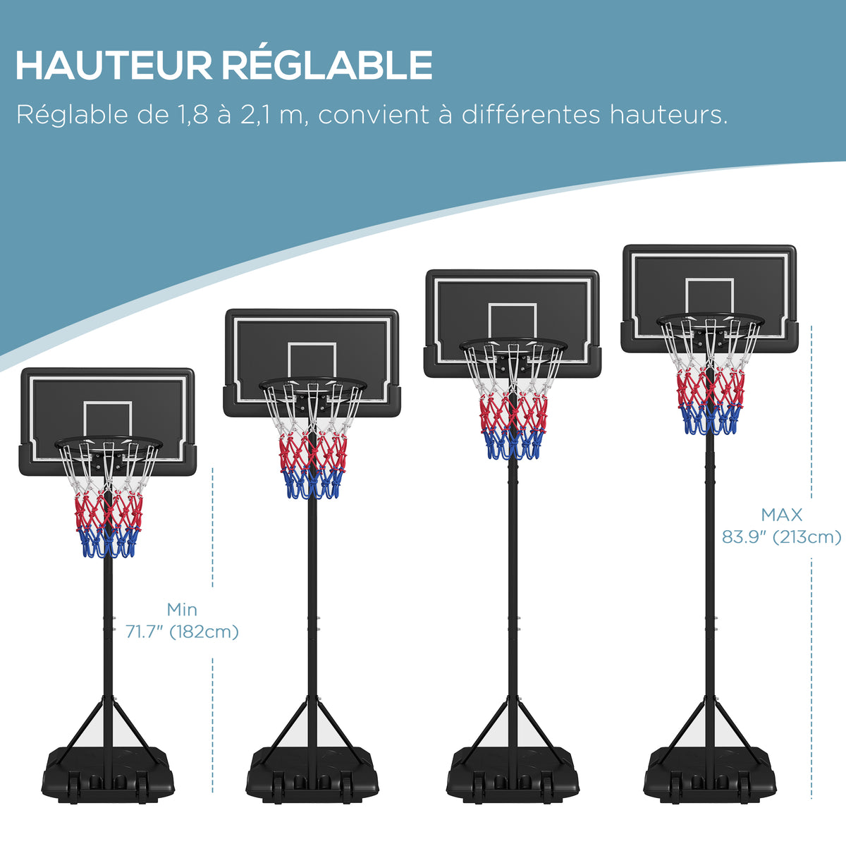 Panier de basket extérieur hauteur ajustables 182-213/220-250 cm panier de basket sur pied à roulettes noir-3