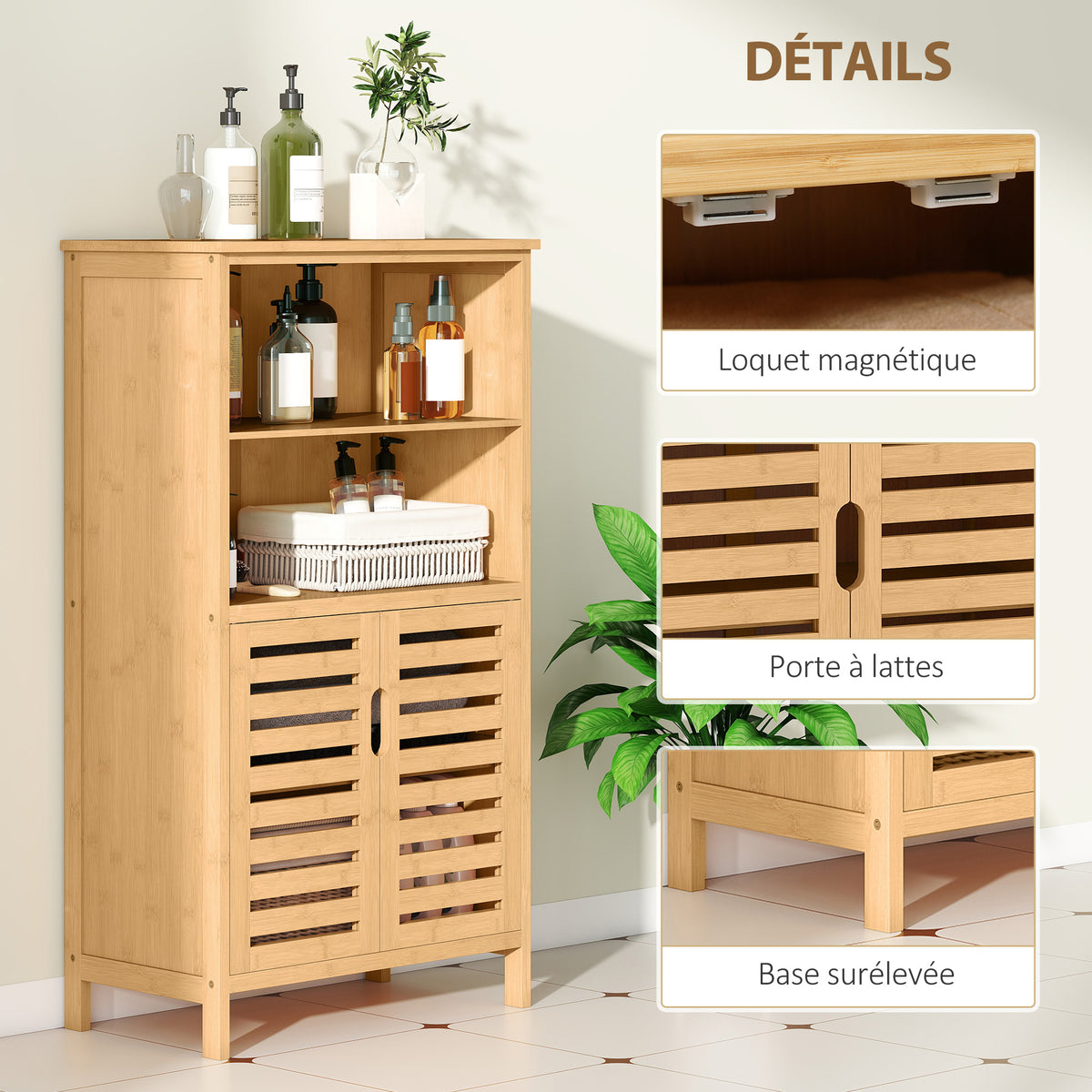 Meuble de rangement salle de bain en bambou avec 2 portes ajourées et 2 compartiments 50 x 29 x 92 cm naturel-5