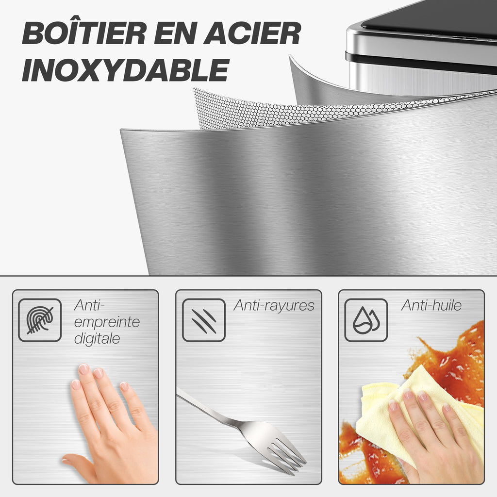 Poubelle à Capteur de 40L, Couvercle à Fermeture en Douceur, Poubelle de Cuisine Automatique Acier Inoxydable, Argenté-5