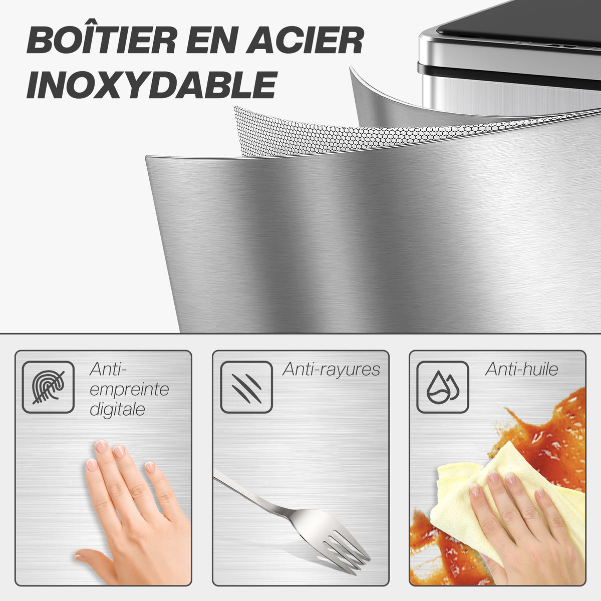 Poubelle à Capteur de 40L, Couvercle à Fermeture en Douceur, Poubelle de Cuisine Automatique Acier Inoxydable, Argenté-5